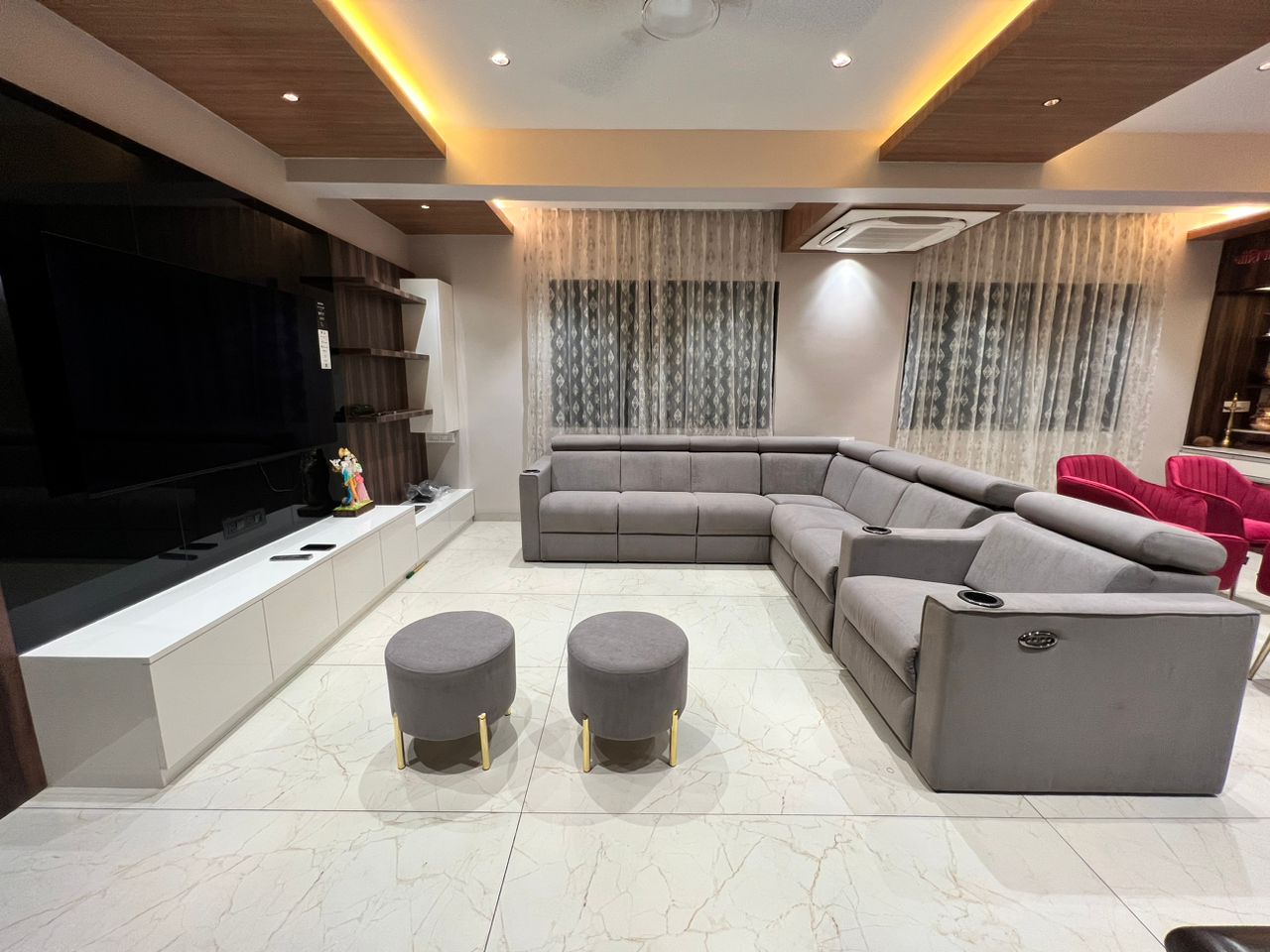 Front view of elegant L-shaped sofa with table