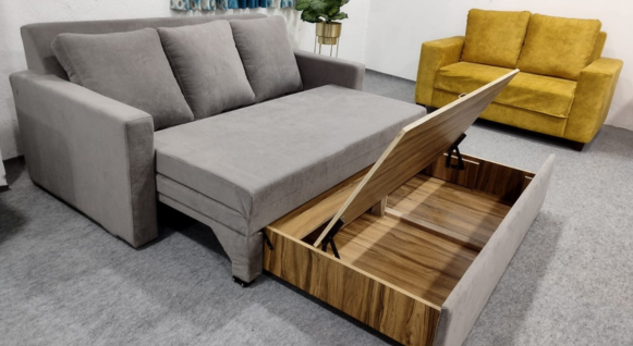Stylish grey sofa cum bed with open wooden storage drawer for modern living room (1)